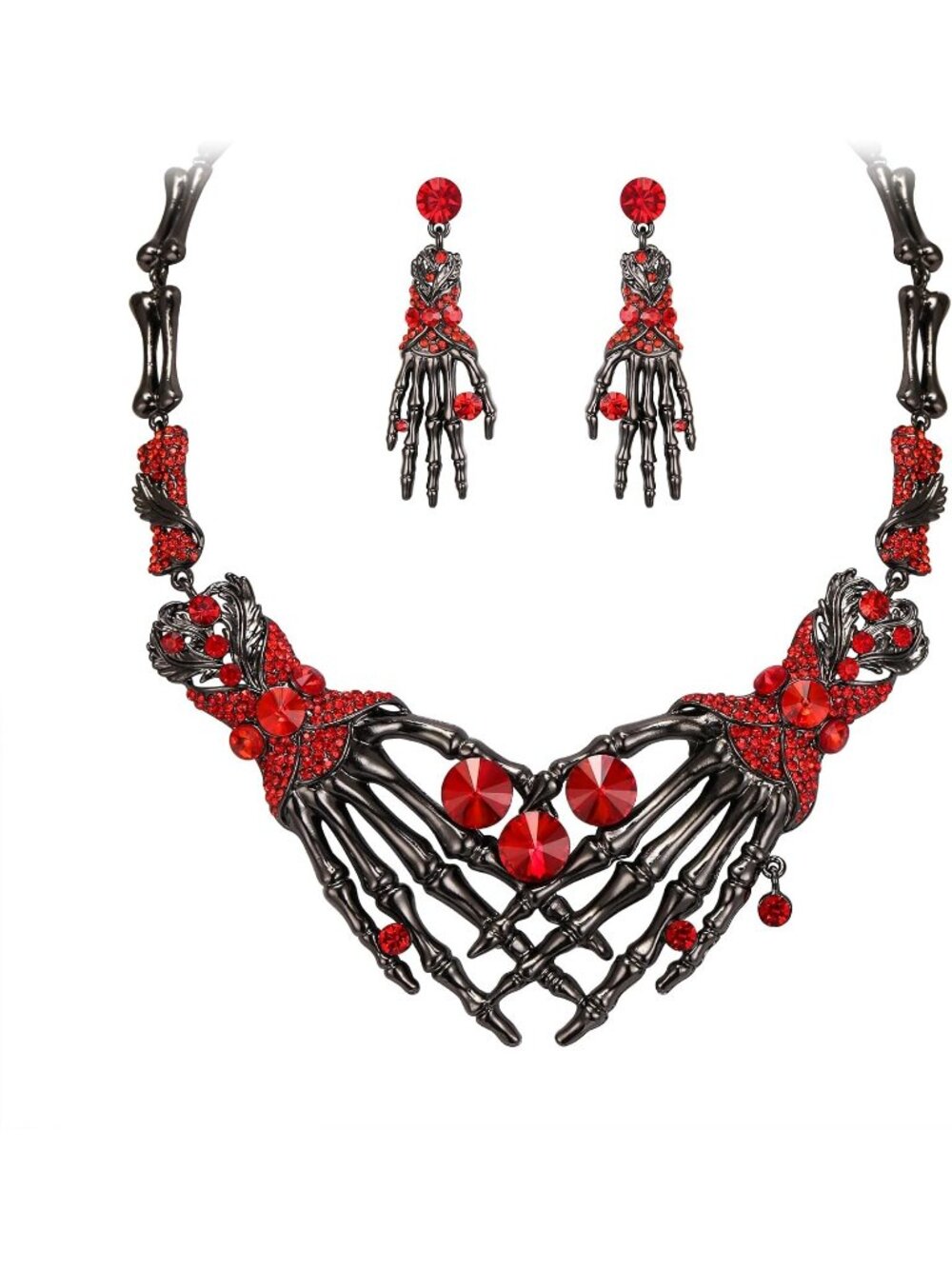 Women's Red Black Tone Halloween Skeleton Hand Skull Crystal Austrian Necklace